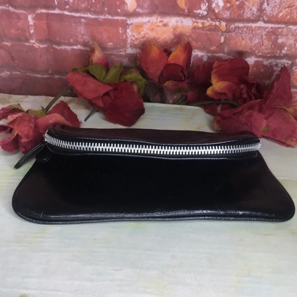 Vintage Black Leather Fold over Zippered Clutch